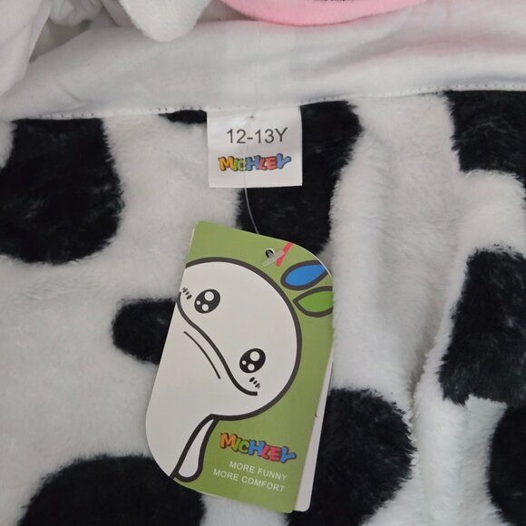 NWT | Cow Print Hooded Plush Fleece Robe Costume Belted | Kids 12-13 - Picture 4 of 7